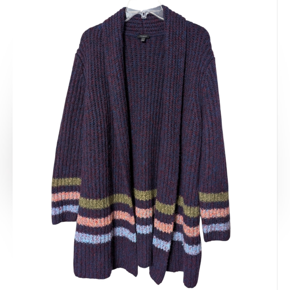 Talbots Purple Marl Stripe‎ Cozy Open Front Women's Cardigan Sweater Size Large